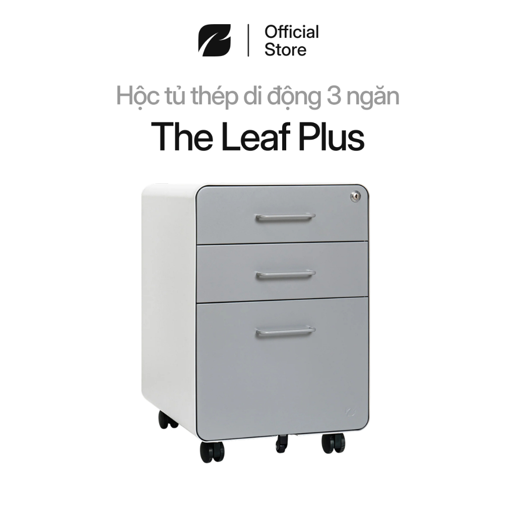 Tủ tài liệu di động The Leaf Plus, hộc tủ văn phòng 3 ngăn có bánh xe màu ghi