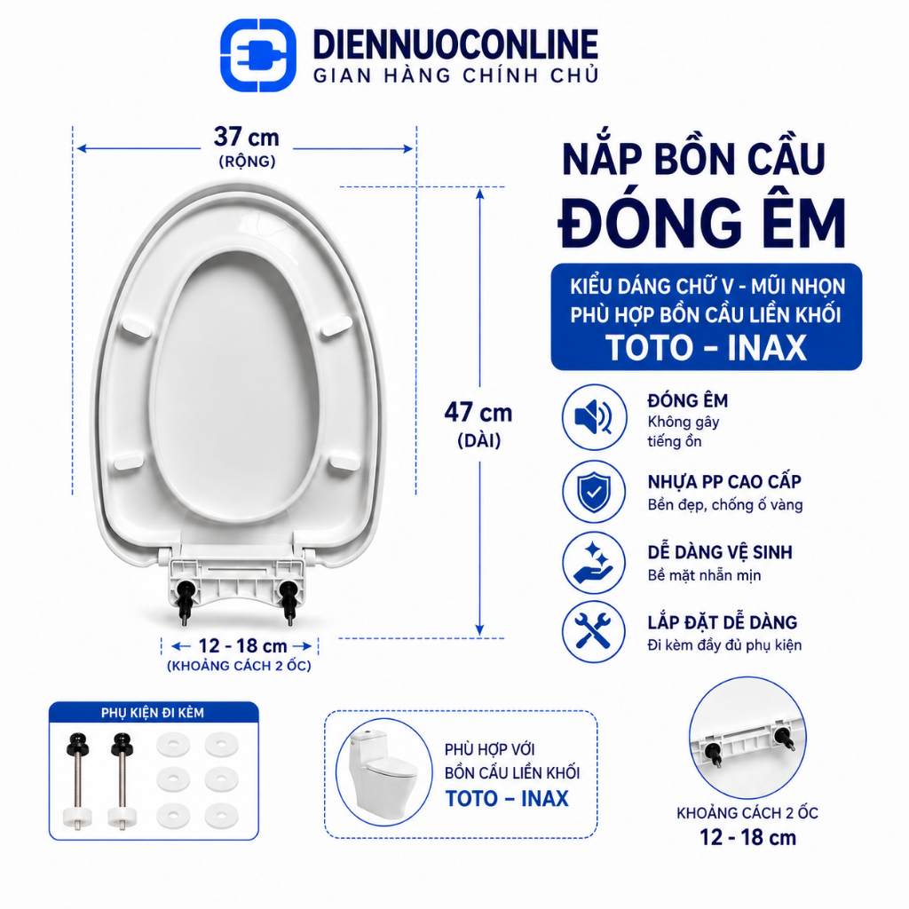 Nắp Bồn Cầu Đóng Êm Chữ V Mũi Nhọn 37x47cm, Phù Hợp Nhiều Bồn Cầu Liền Khối TOTO INAX