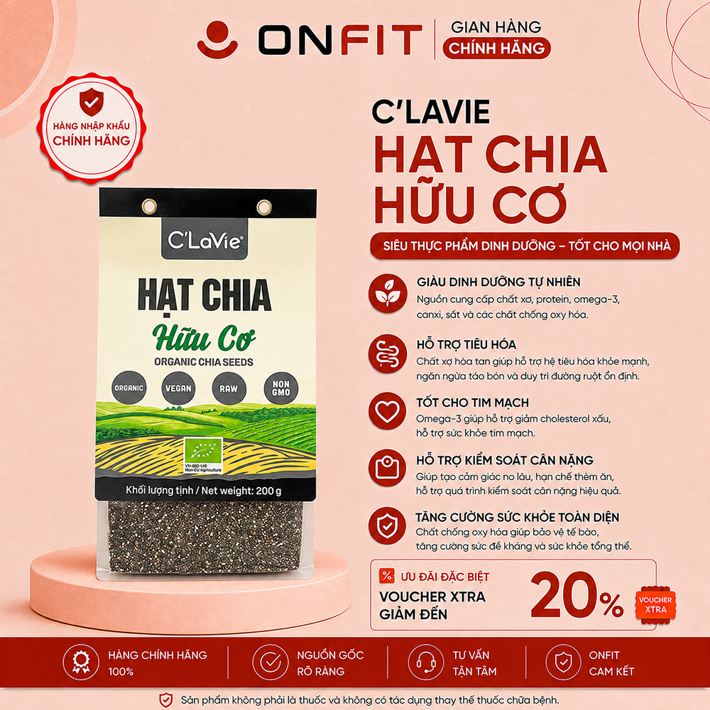 Hạt Chia Hữu Cơ C'Lavie Organic Black Chia (200g) Giảm Cân Giàu Chất Xơ, Không Cholesterol | ONFIT