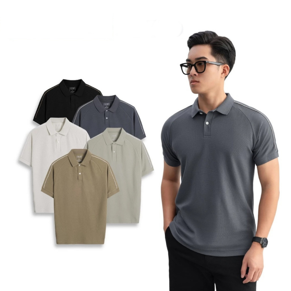 Áo polo nam Beehive Raglan vải cotton tổ ong phối màu neutral thanh lịch LEEVUS APL333