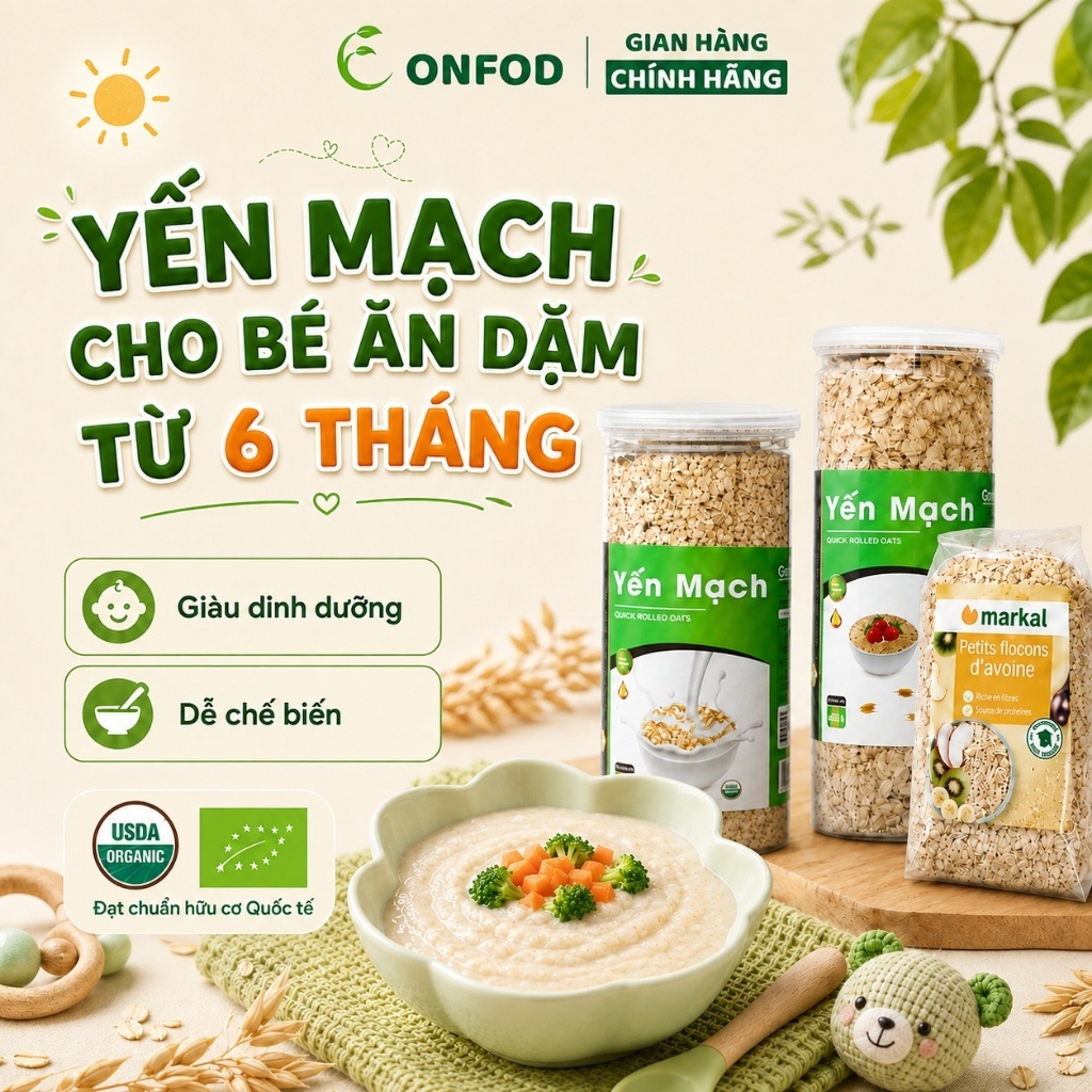 Yến mạch hữu cơ cho bé ăn dặm ONFOD yến mạch cán mỏng Úc organic nấu cháo làm bánh