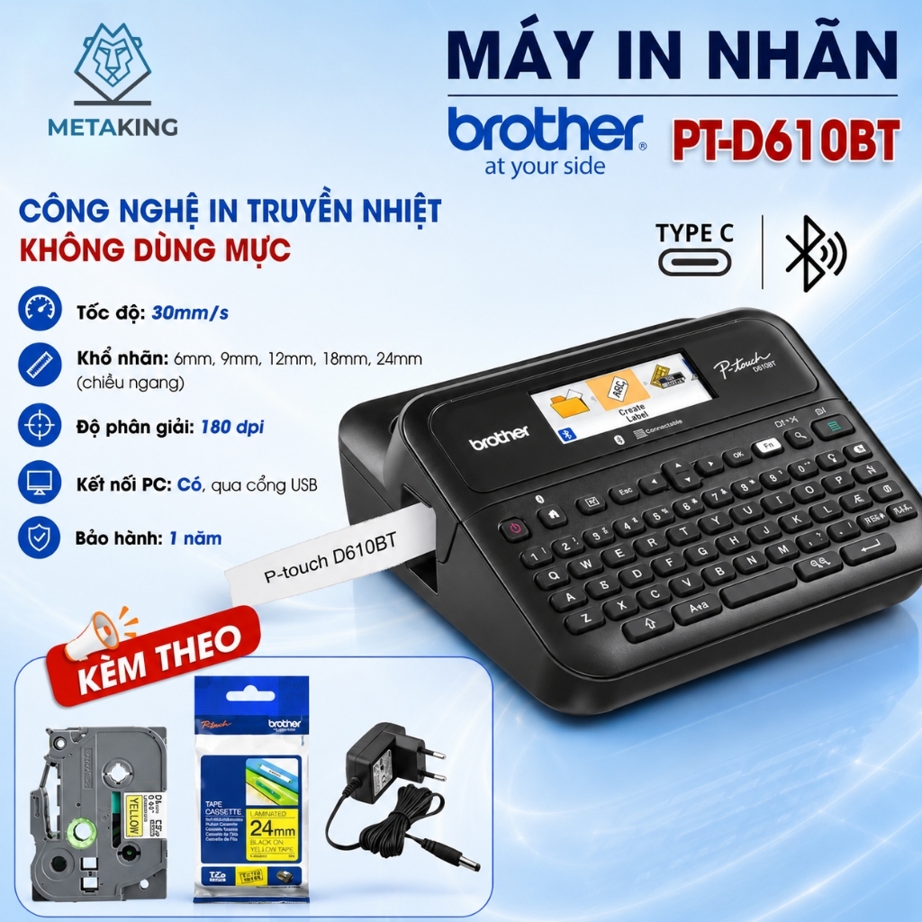 Máy In Nhãn Brother PT-D610BT, Kết Nối Bluetooth®,USB - Hàng chính hãng