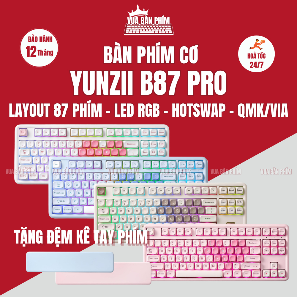 Bàn phím cơ Yunzii B87 pro layout 87 phím , mạch xuôi , hostswap , led rgb , kết nối qmk/via , tặng kèm kê tay silicon