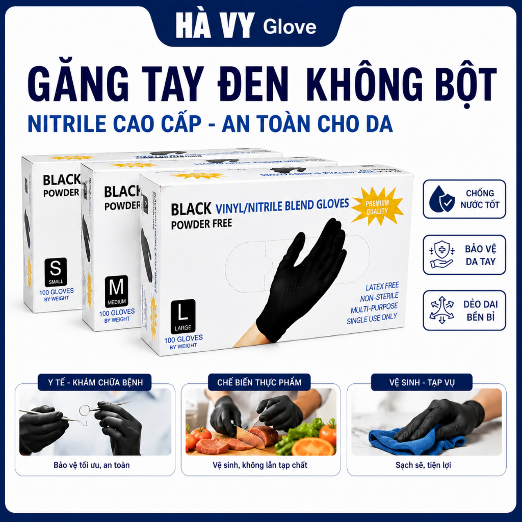 Găng tay đen cao su không bột, bao tay đen nhám dùng trong y tế, spa, chế biến thực phẩm. Hộp 50 chiếc