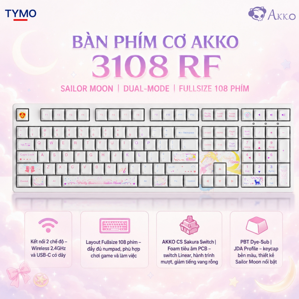 Bàn Phím Cơ Gaming Không Dây AKKO 3108 RF Sailor Moon Crystal – Dual-Mode