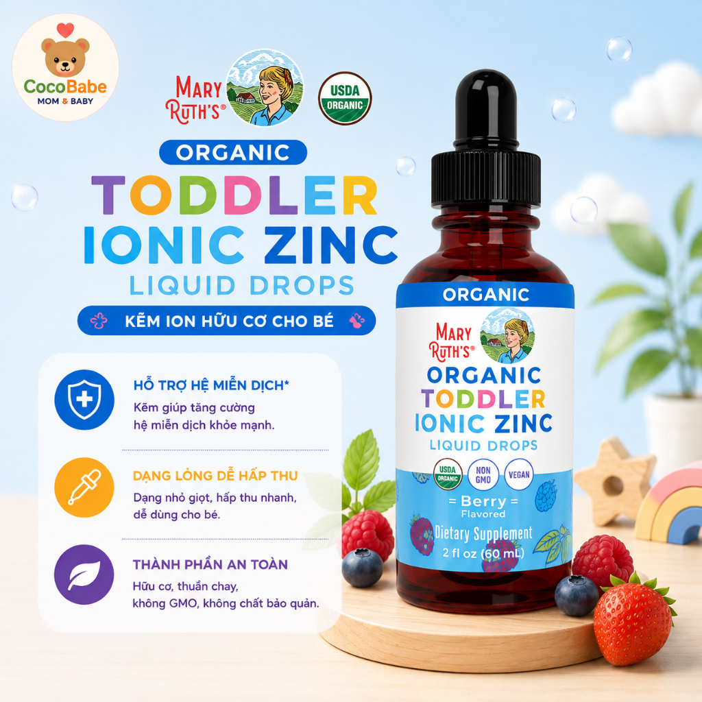 Kẽm hữu cơ cho bé MaryRuth’s Organic Toddler Ionic Zinc Liquid Drops 60ml – 3mg Zinc, vị Berry, cho 