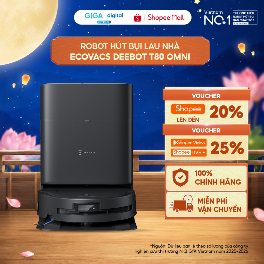 Ecovacs Deebot T80 Omni Robot hút bụi lau nhà | Lực hút 18.000Pa | AI Instant Re-Mop 2.0 | Thiết kế 