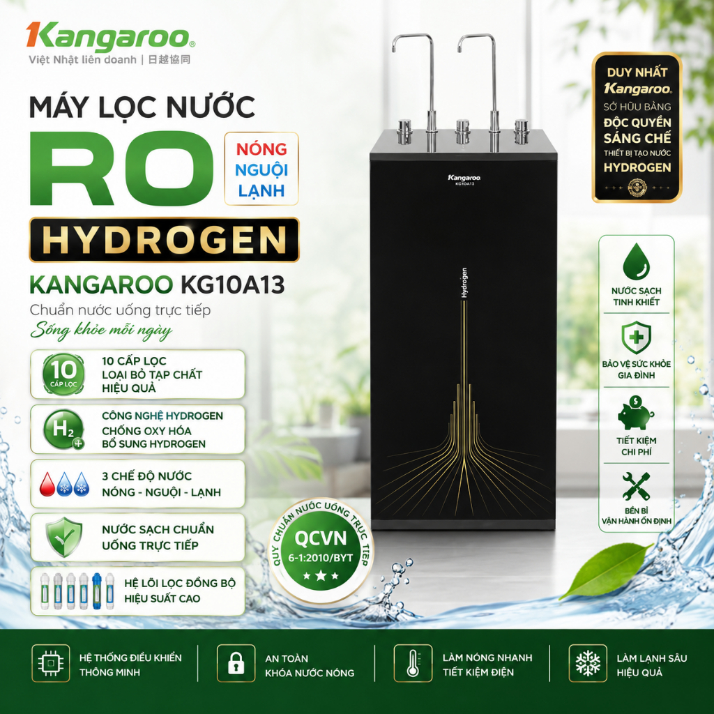 [Có VAT] Máy lọc nước RO Inverter Hydrogen nóng lạnh Kangaroo KG10A13 - BH 2 năm - 10A13
