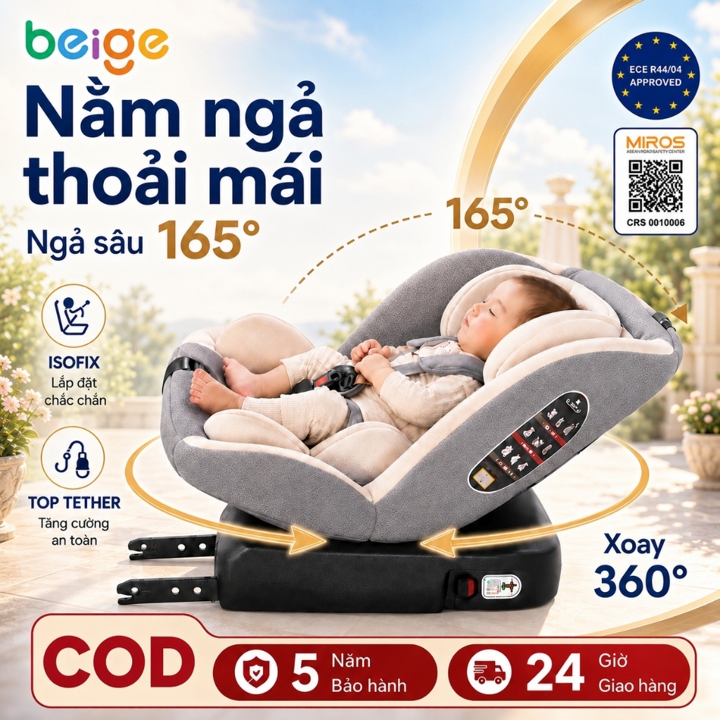 Ghế ngồi ô tô cho bé Beige,Dây đai an toàn năm điểm, phụ kiện ISOFIX, ghế xoay 360°,ghế trẻ em ô tô