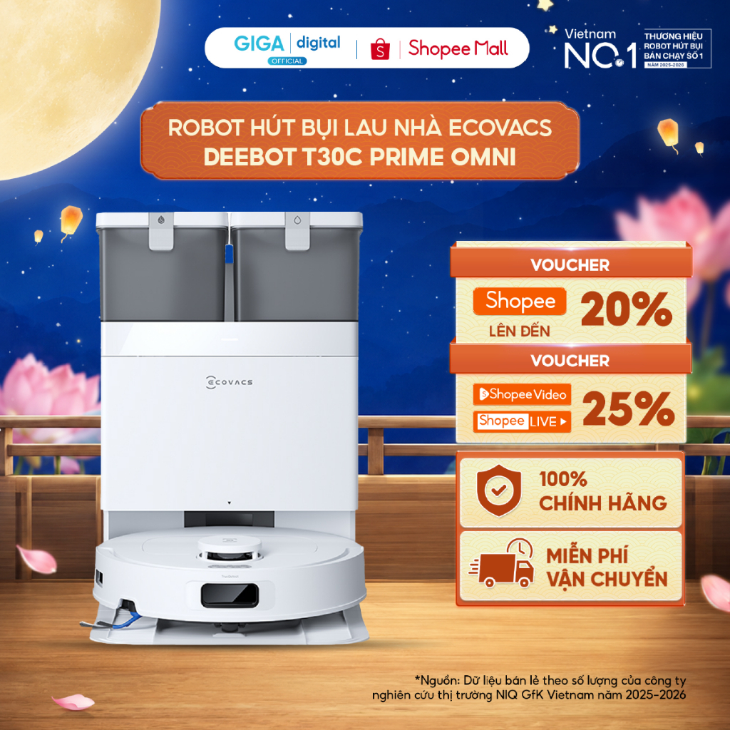 Ecovacs Deebot T30C Prime Omni Robot hút bụi lau nhà | Lực hút 25.000Pa | Trạm OMNI đa năng |  BH 24