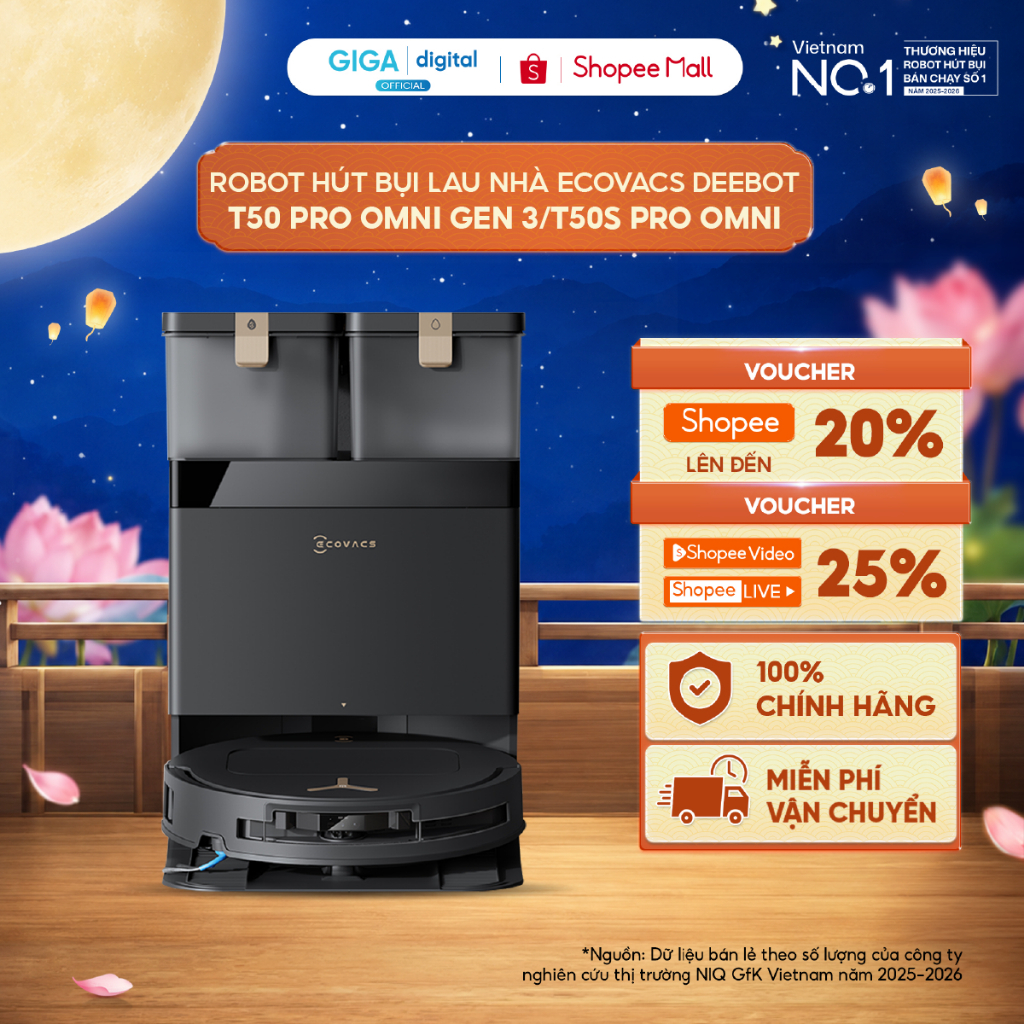 Ecovacs DEEBOT T50 PRO OMNI Gen 3/ T50S Pro Omni Robot hút bụi lau nhà | TruEdge 2.0 làm sạch cạnh
