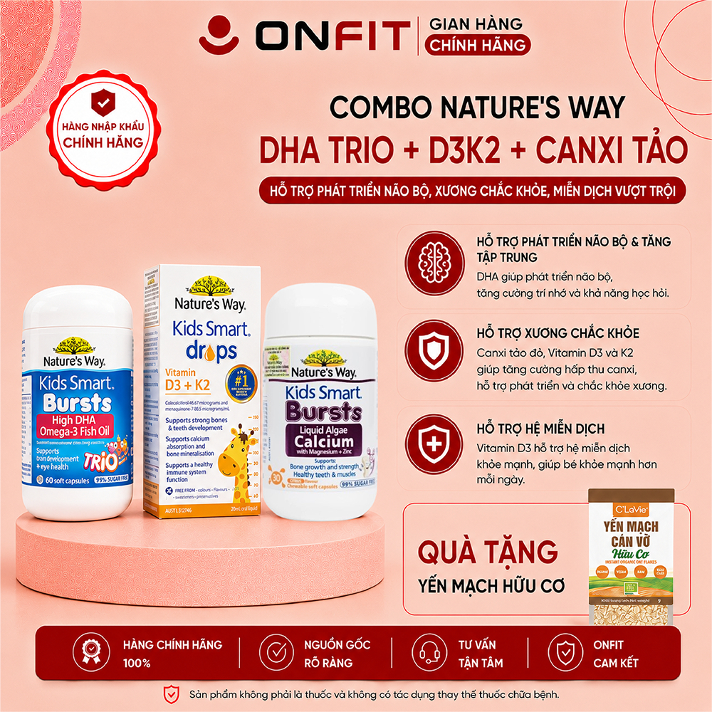 Combo Đề Kháng, Cao Lớn, Thông Minh , Nature's Way DHA Trio + D3K2 + Canxi Tảo - Tặng Yến Mạch