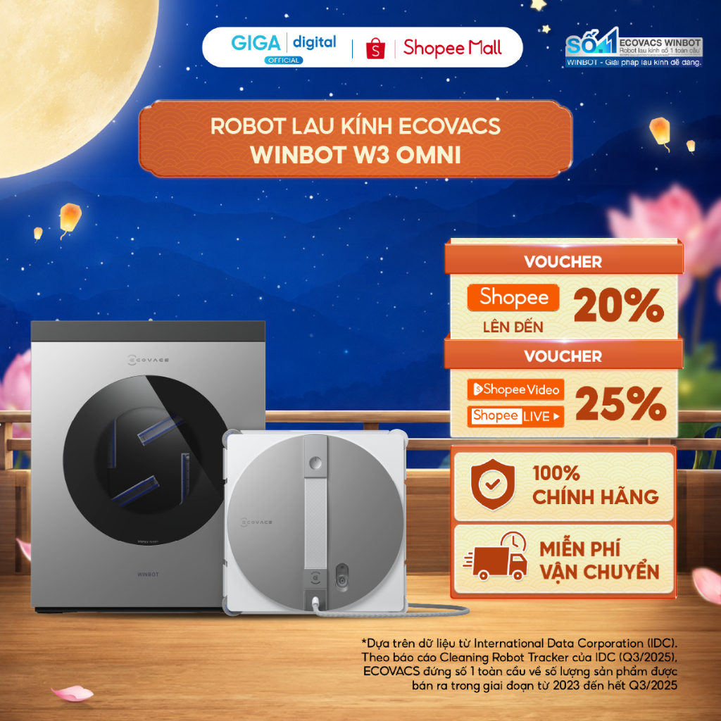 Ecovacs Winbot W3 Omni Robot lau kính | Tự động giặt khăn lau Vortex Wash | 12 cơ chế bảo vệ | Hàng 