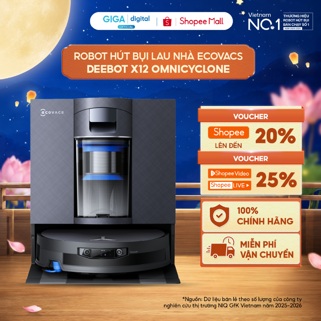 Ecovacs DEEBOT X12 OmniCyclone Robot hút bụi lau nhà | Lực hút 22.000Pa | Bảo hành 24 Tháng