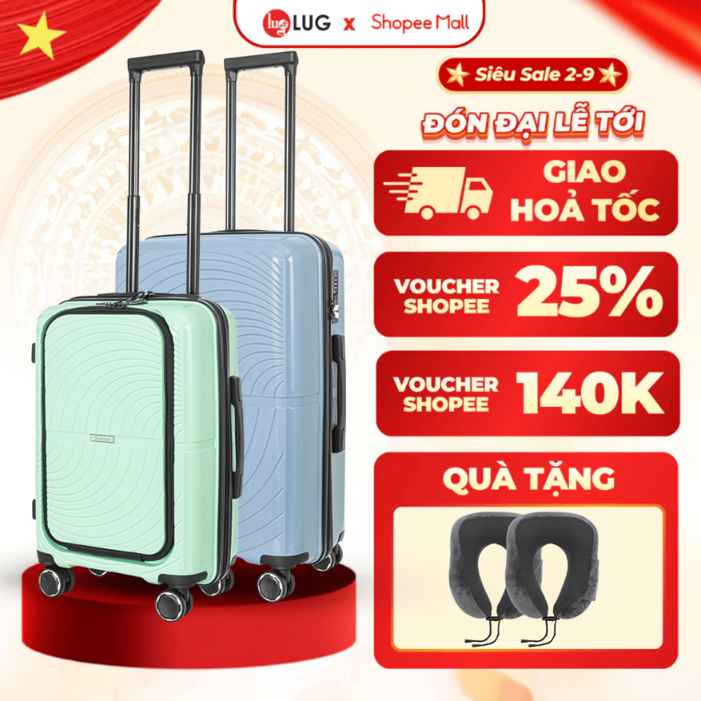 Combo 2 Vali LUG Holdall MP2611 - Size 20 Size 24, Size 28: Nhựa PP chống bể vỡ, Dây kéo đôi chống r