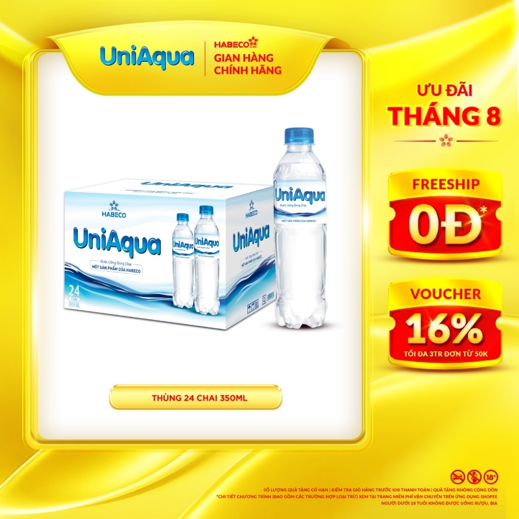 Thùng 24 chai nước uống đóng chai UniAqua - HABECO (350ml/chai)