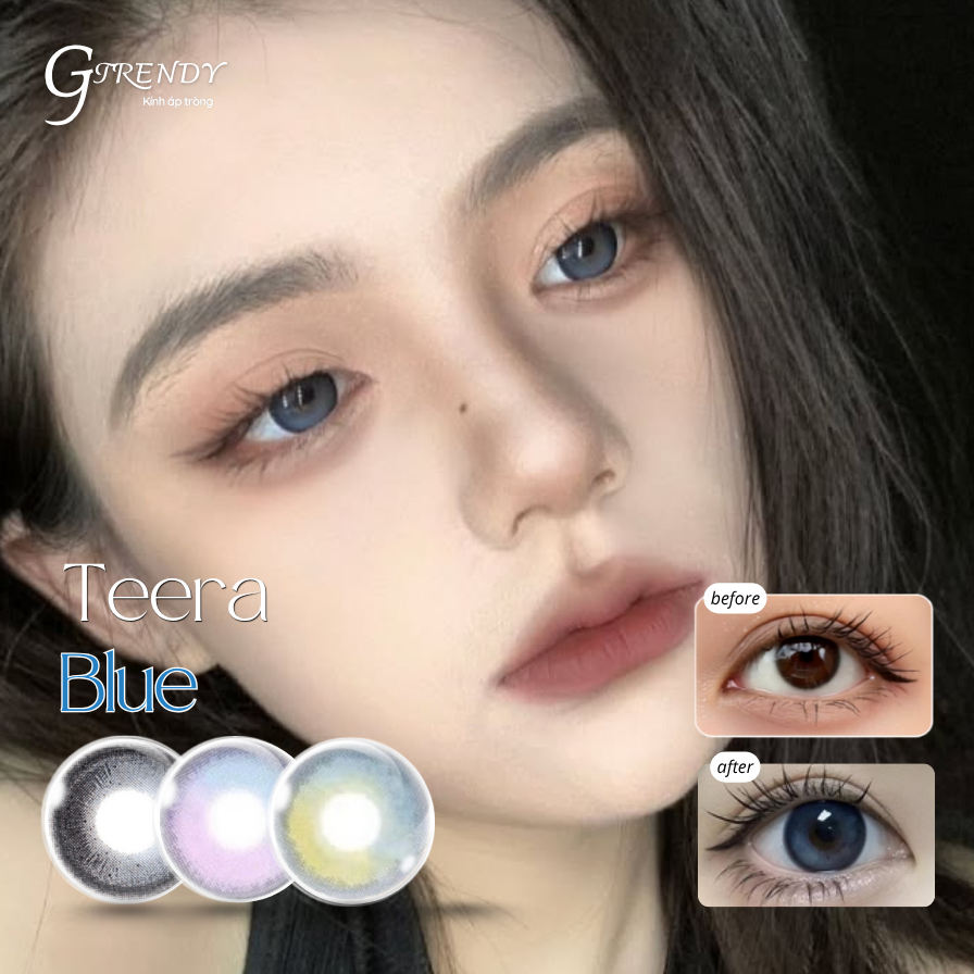 Kính áp tròng GTRENDY  vân loang màu Perry Green, Teera Blue, Tuplip Violet, Tulip Brown - đường kín