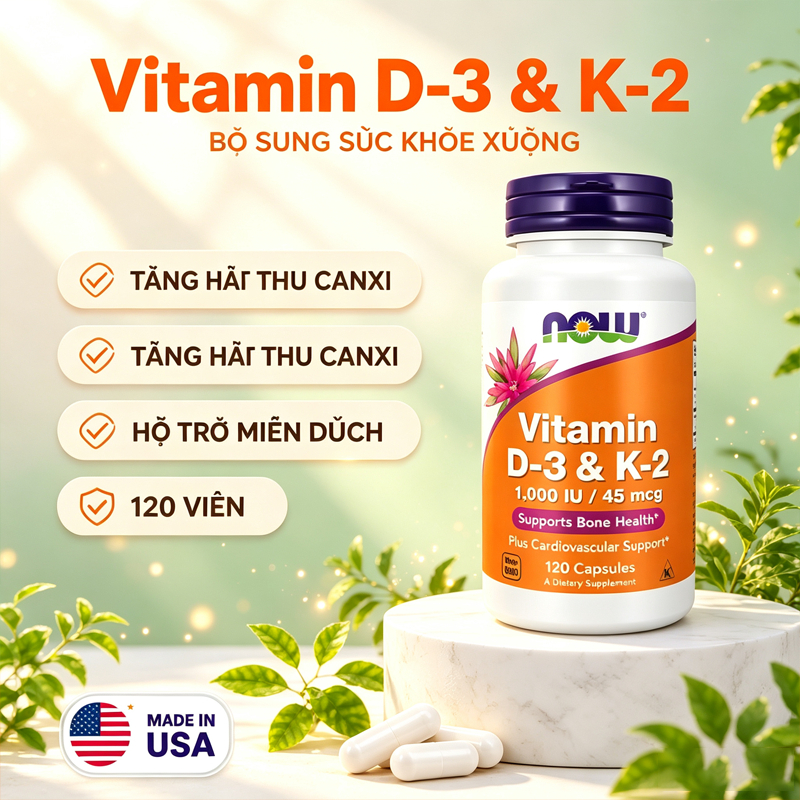 NOW Vitamin D3 K2 1000IU/45mcg 120 viên nang thực vật hỗ trợ xương và tim mạch