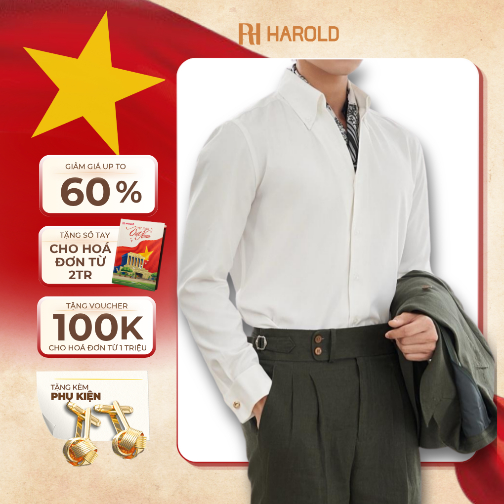 Áo Sơ Mi Nam Trắng Dài Tay Cao Cấp Harold Cổ Button Down + Cufflinks Đi Chơi, Chống Nhăn,Tôn Dáng