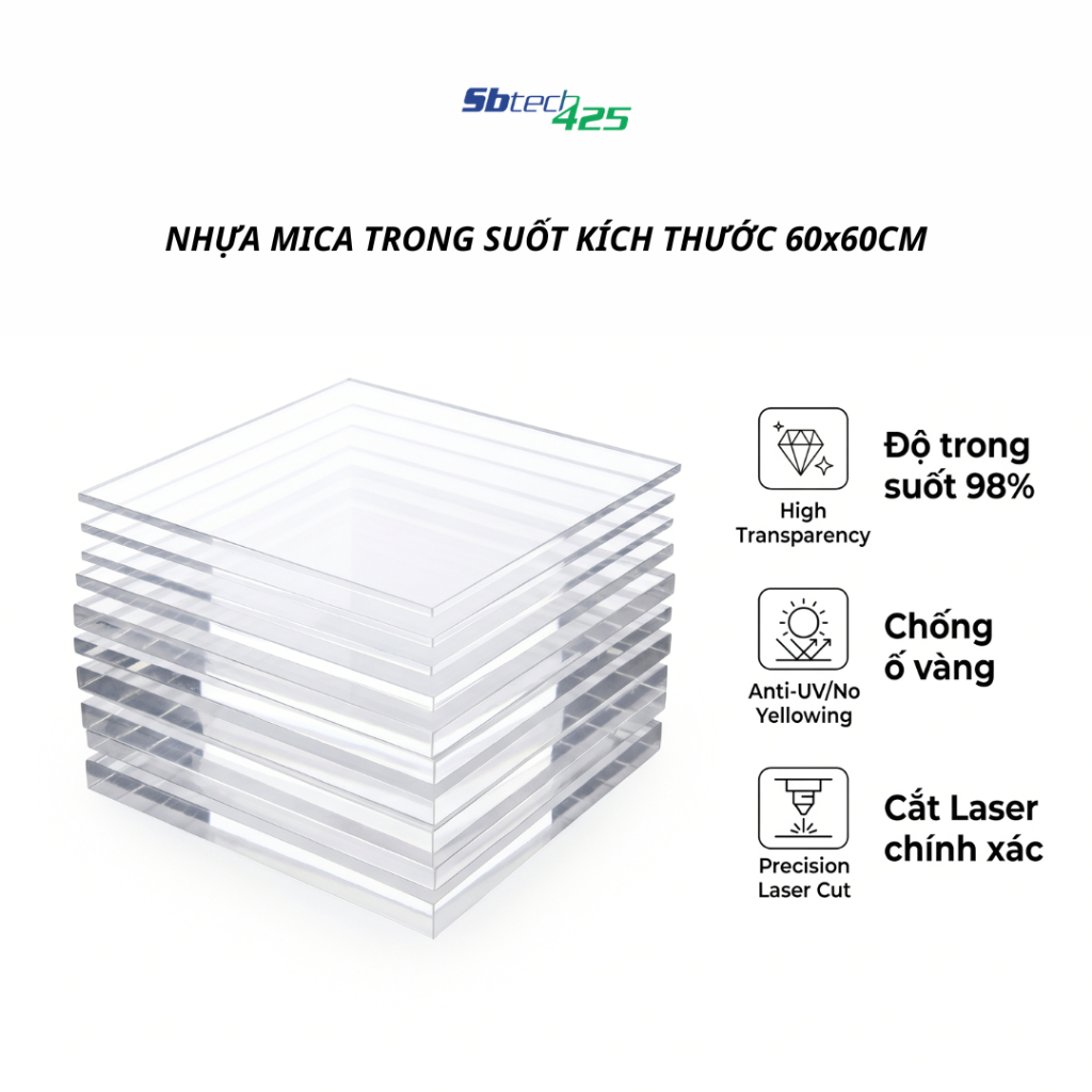 [60x60cm] Tấm nhựa mica acrylic trong suốt kích thước 60x60cm nhiều độ dày