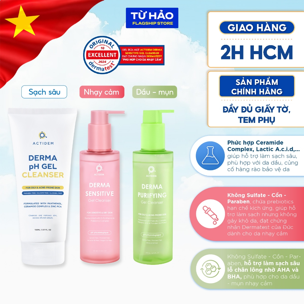 GEL RỬA MẶT ACTIDEM DERMA/SENSITIVE/PURIFYING GEL CLEANSER 150/200 ml