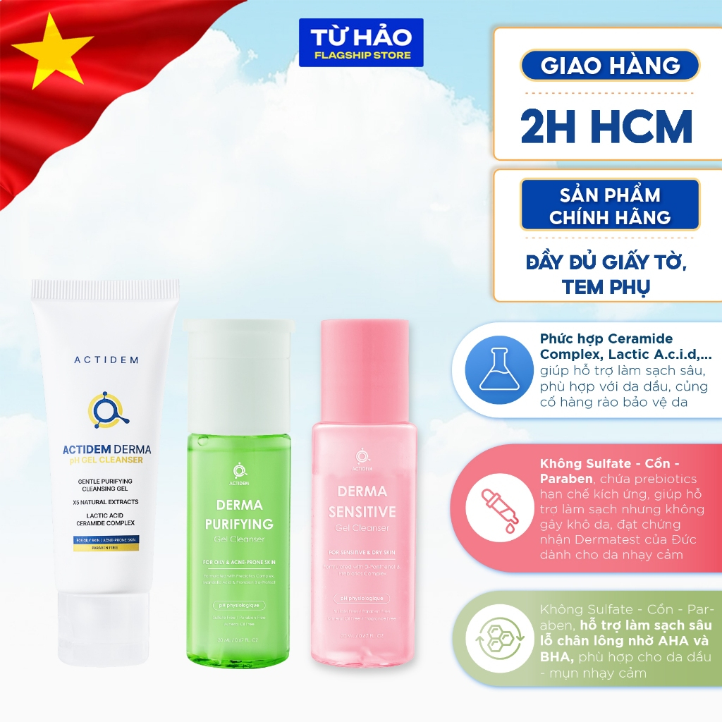 Gel rửa mặt Actidem Derma/Sensitive/Purifying Gel Cleanser 20/30ml - Từ Hảo