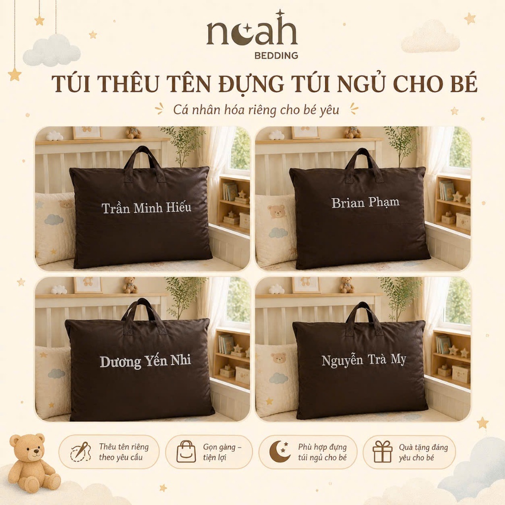 TÚI CANVAS THÊU TÊN ĐỰNG TÚI NGỦ CHO BÉ - NOAH BEDDING