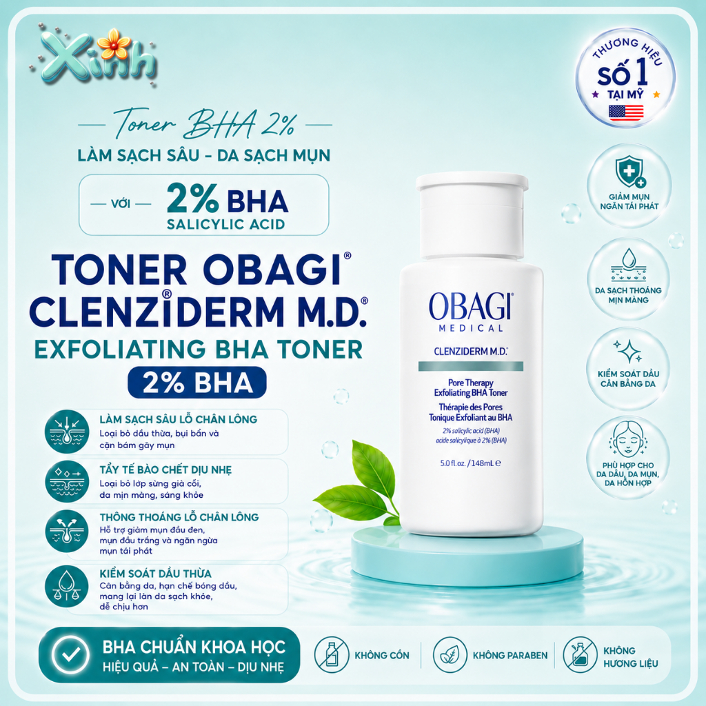 Toner Obagi Clenziderm M.D. Exfoliating BHA Toner 2% BHA Tẩy Tế Bào Chết Làm Sạch Da 148ml - Xinh