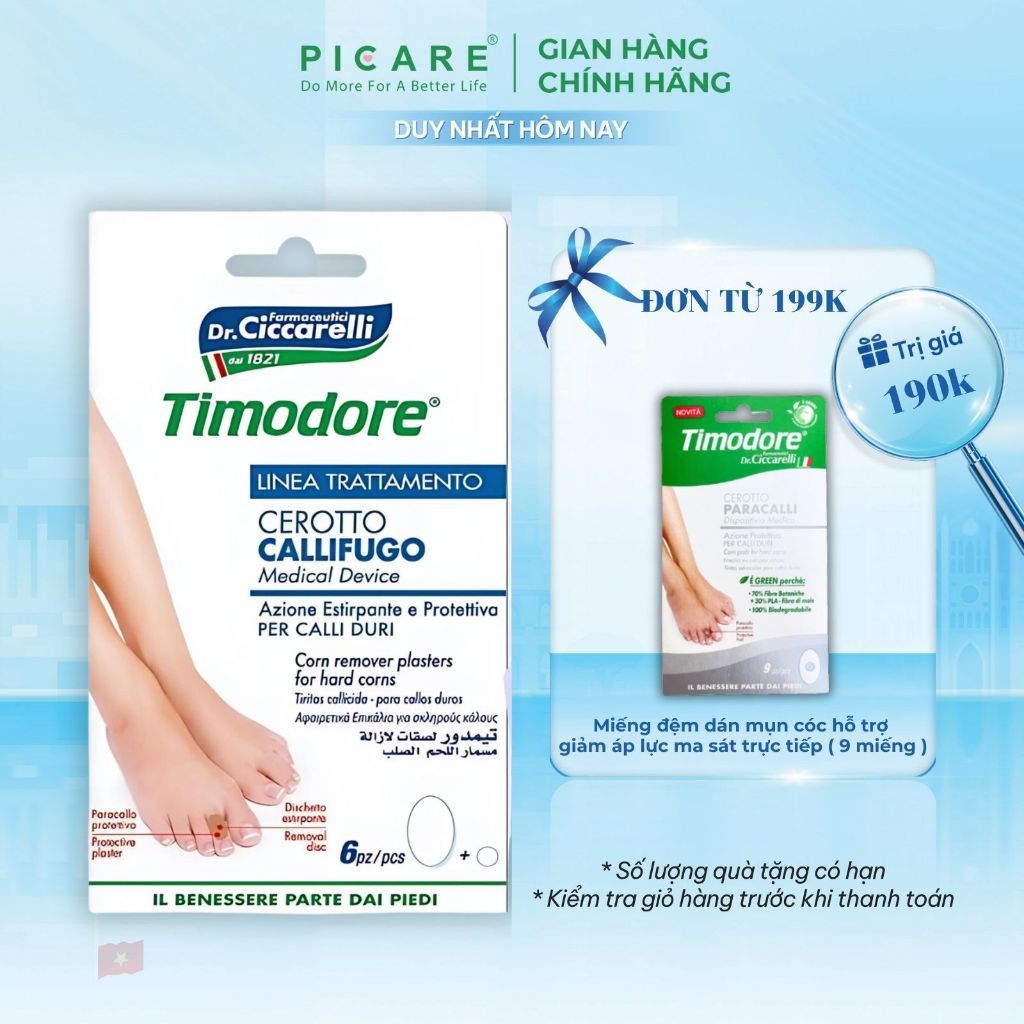Miếng dán loại bỏ vết chai, mụn cóc Timodore Corn Remover Plasters For Hard Corns - 6 miếng/gói