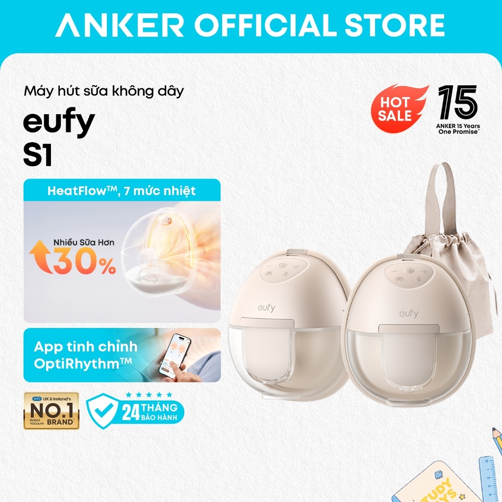 Máy hút sữa không dây Eufy S1 sưởi ấm 7 mức tăng 30% sữa, app tinh chỉnh 7 lực hút, tặng kèm túi đựn