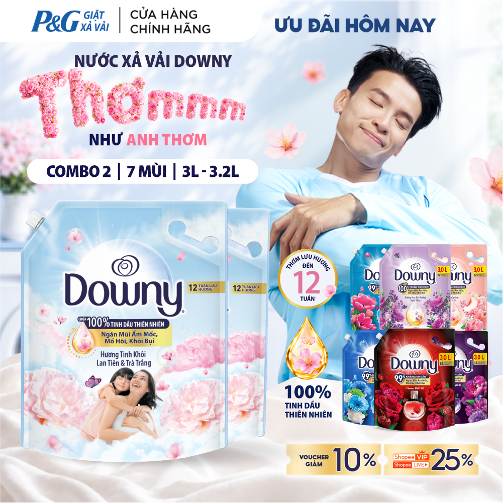 Combo 2 Túi Nước Xả Vải Downy Tinh Dầu Thiên Nhiên/Nước Hoa Cao Cấp Túi 3L