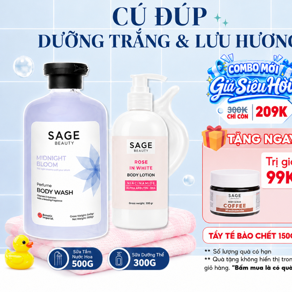 Combo Dưỡng Trắng Body Sage Beauty Sữa Tắm 500g & Sữa Dưỡng Thể 300g Niacinamide Alpha Arbutin AHA