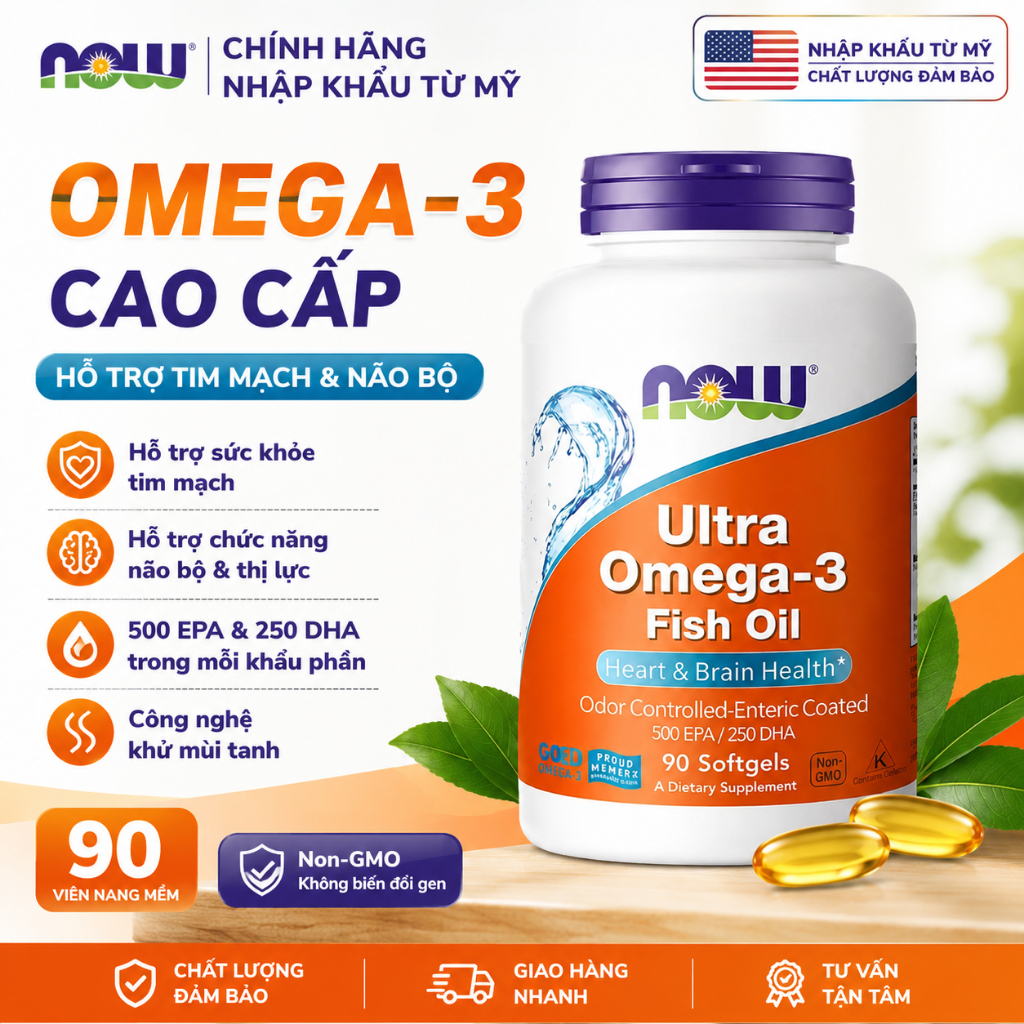 NOW Ultra Omega-3 Fish Oil 90 Viên – 500 EPA 250 DHA Dầu Cá Omega 3 Hỗ Trợ Tim Mạch Não Bộ & Thị Lực