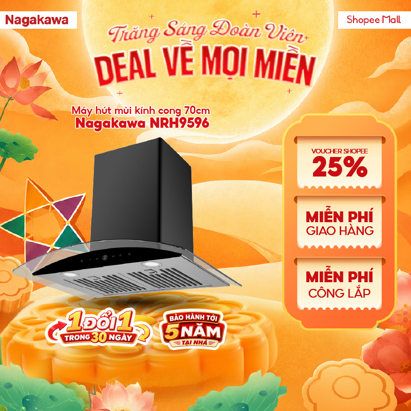 Máy hút mùi Nagakawa NRH9596, hàng chính hãng, bảo hành 5 năm, made in Malaysia