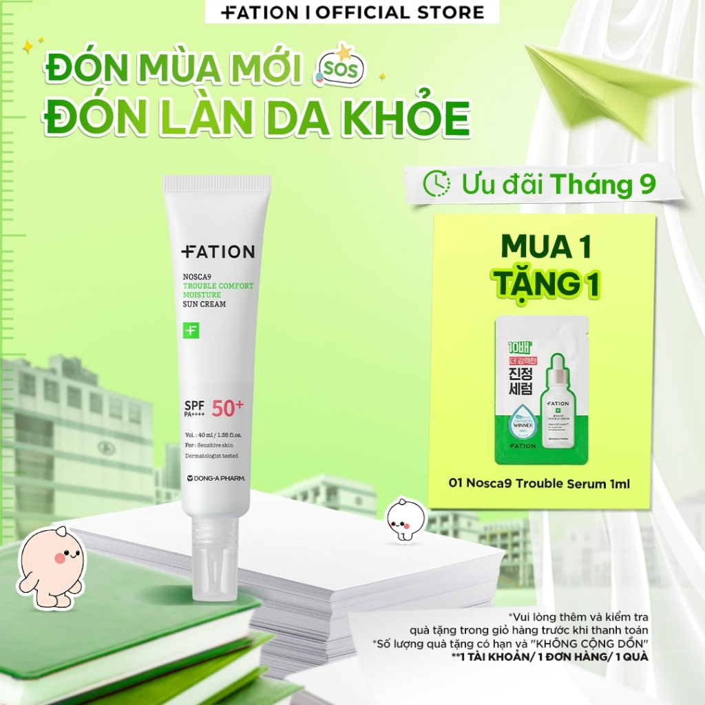 Kem chống nắng FATION Nosca9 Trouble Comfort Moisture Sun Cream SPF50+/PA++++ (40ml) làm dịu dành ri
