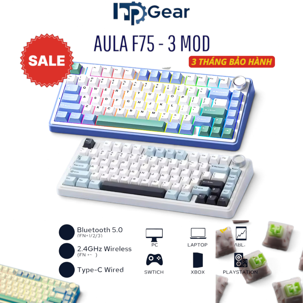Bàn Phím Cơ Không Dây AULA F75 (3 Mode / Hotswap / Mạch Xuôi / LED RGB) - Hàng chính hãng