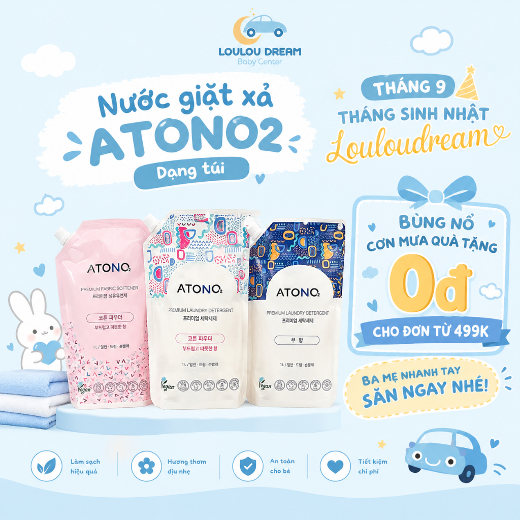 Nước giặt nước xả thuần chay ATONO2 Chai 1000ml/ Túi 1000ml Hàn Quốc cho bé từ sơ sinh