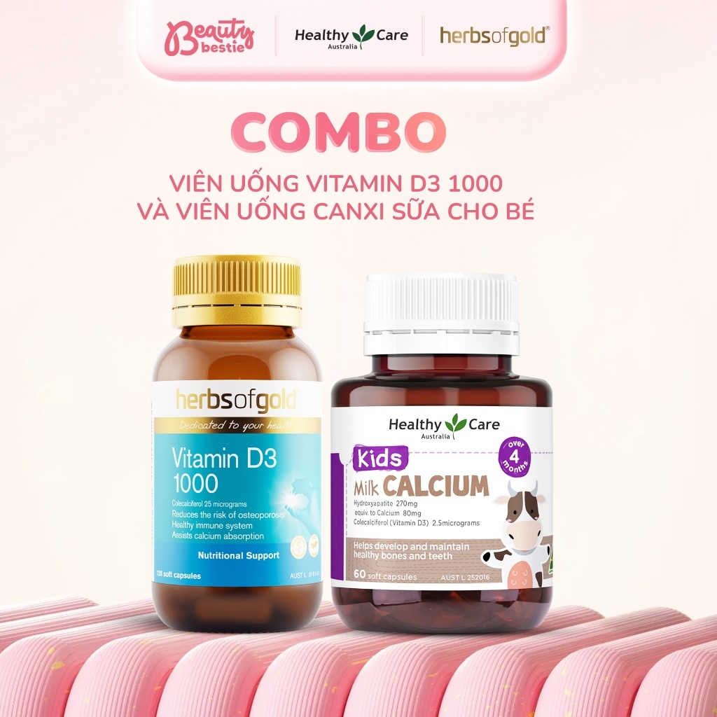 Combo Canxi Sữa Healthy Care Kids Milk Calcium 60 Viên & Vitamin D3 Herbs of Gold 120 Viên