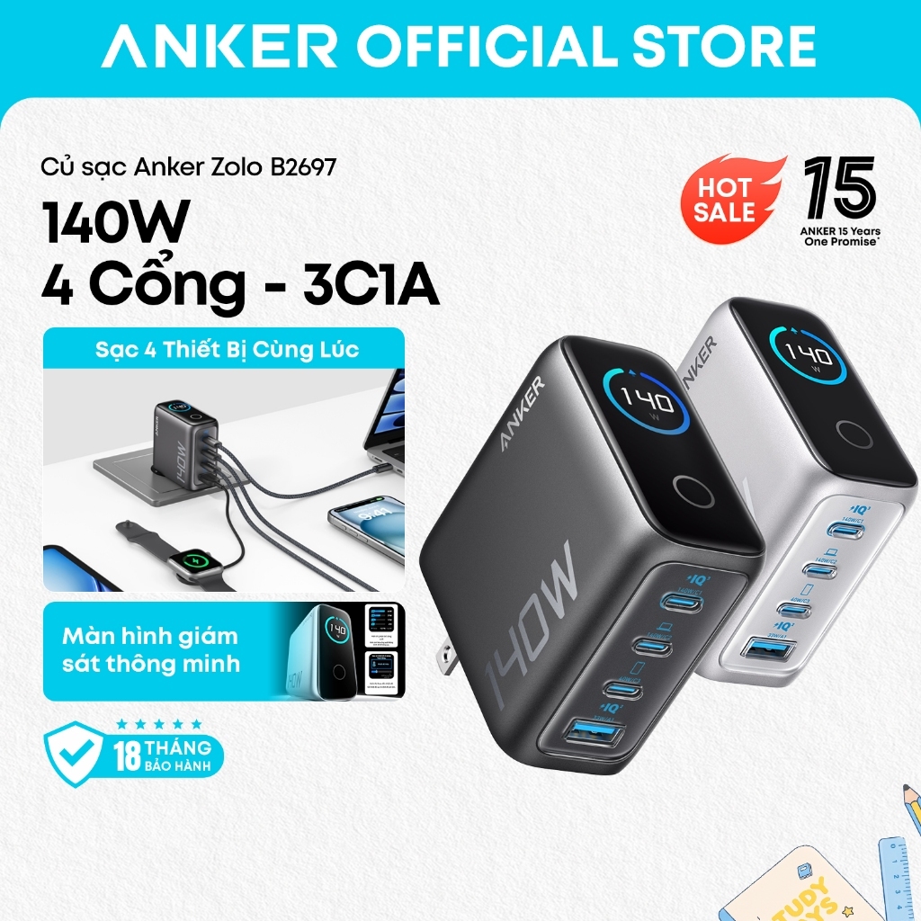 Bộ sạc nhanh Anker Zolo B2697 140W GaN, 4 cổng 3 USB-C và 1 USB-A, sạc cùng lúc 4 thiết bị