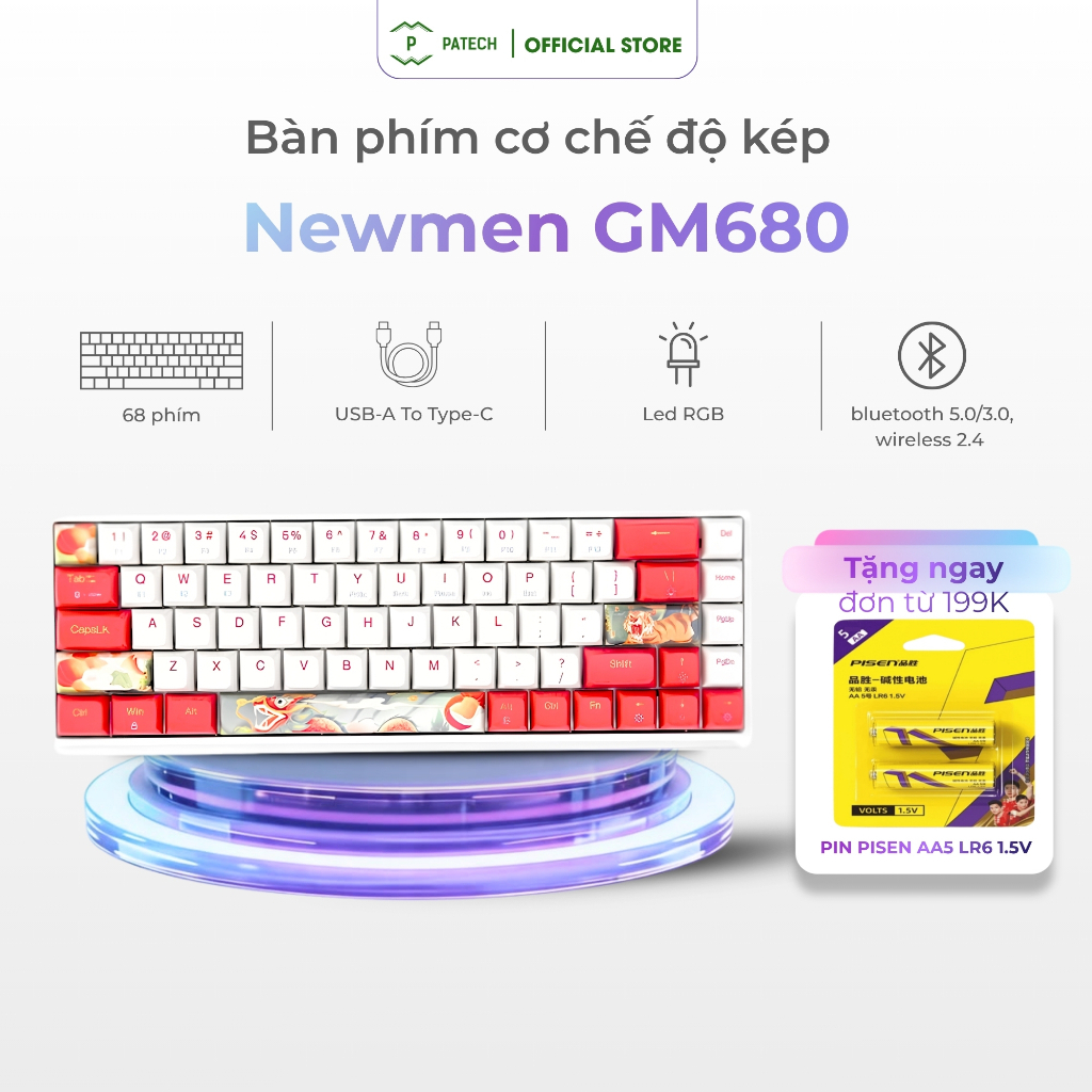Bàn phím cơ không dây Dual Mode Newmen GM680 - Rồng & Hổ (Hot swap/ USB-C/ Bluetooth/ RGB) - Hàng Ch