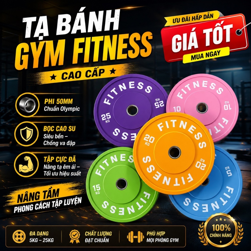 Thanh lý tạ bánh Gym Fitness cao cấp – tạ đĩa bọc nhựa phi 50 đủ kg 5kg – 25kg