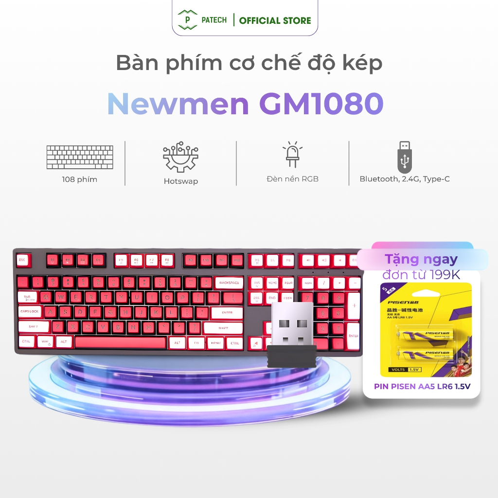 Bàn phím cơ không dây Newmen GM1080,layout 108 phím, kết nối tới 5 thiết bị,Switch Kailhbox/G-Pro,Ho