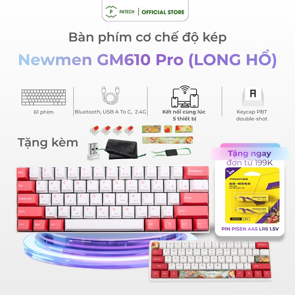 Bàn phím cơ không dây Dual Mode Newmen GM610 Pro Long Hổ( 61 phím) 3 phương thức kết nối: Bluetooth,
