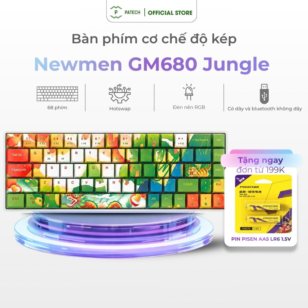 Bàn phím cơ không dây Newmen GM680 Jungle-Dual mode BT5.0 & Wired,Hotswap gateron pro|kailh box swit