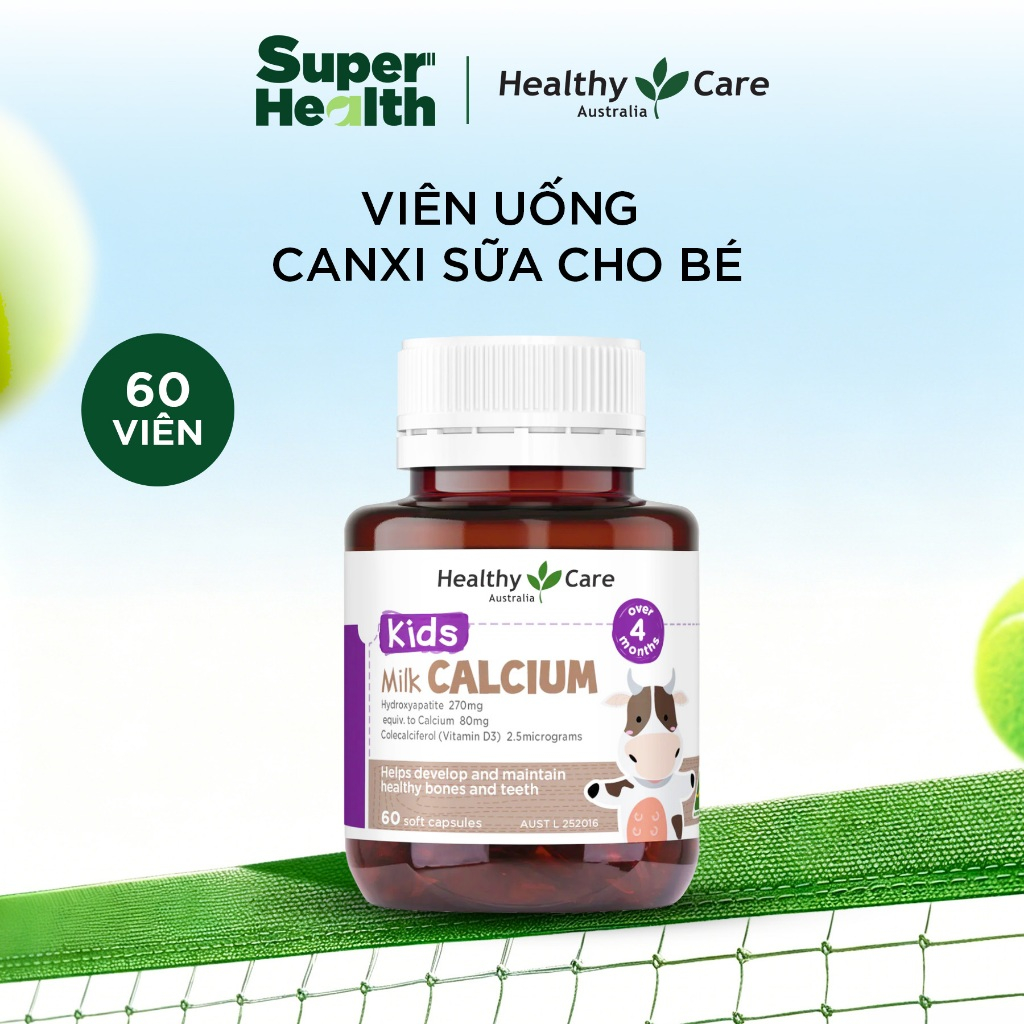 Canxi Sữa Cho Bé Healthy Care Kids Milk Calcium 60 Viên ÚC Bổ Sung Canxi Và Vitamin D3 - SuperHeealt