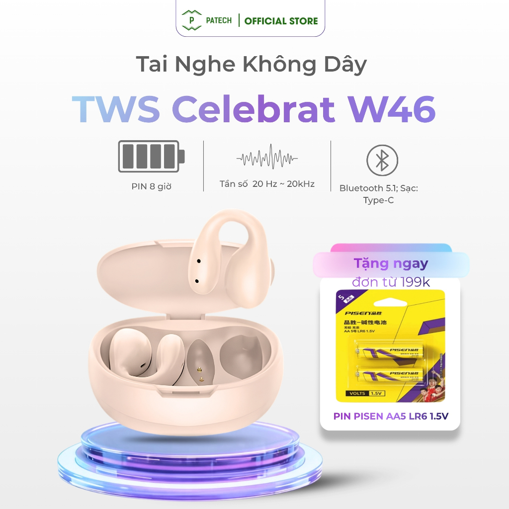 Tai Nghe Không Dây TWS Celebrat W46 | Bluetooth 5.1 Âm Thanh Stereo Sạc Type-C Pin 8 GiờChính Hãng