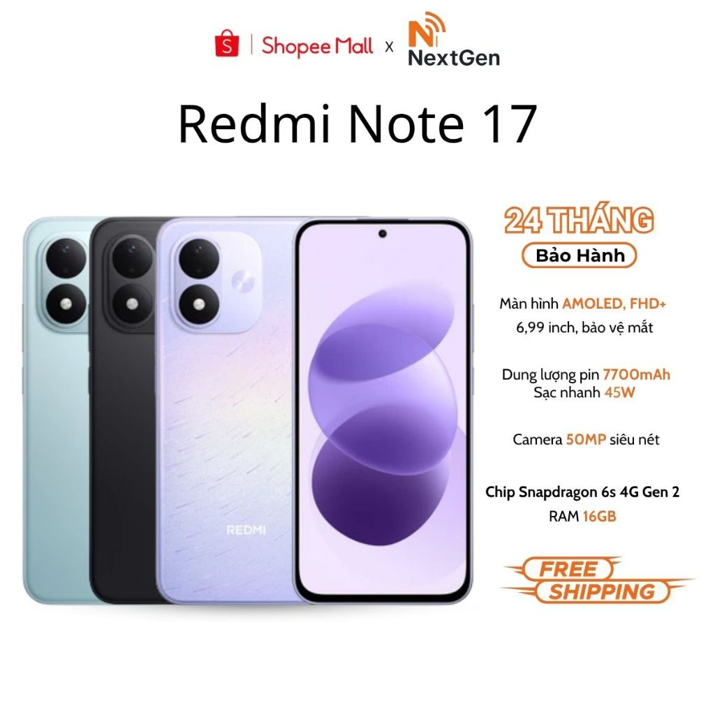 Điện thoại Xiaomi Redmi Note 17 4G - Pin 7700 mAh, Màn Hình 6.99 Inch - Bảo Hành 24 Tháng Chính Hãng