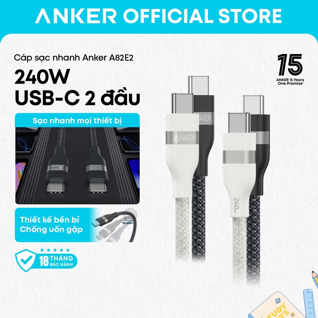 Cáp sạc nhanh Anker Nano A82E2 USB-C sang USB-C, công suất 240W, thiết kế bện dẻo dai nhiều màu sắc
