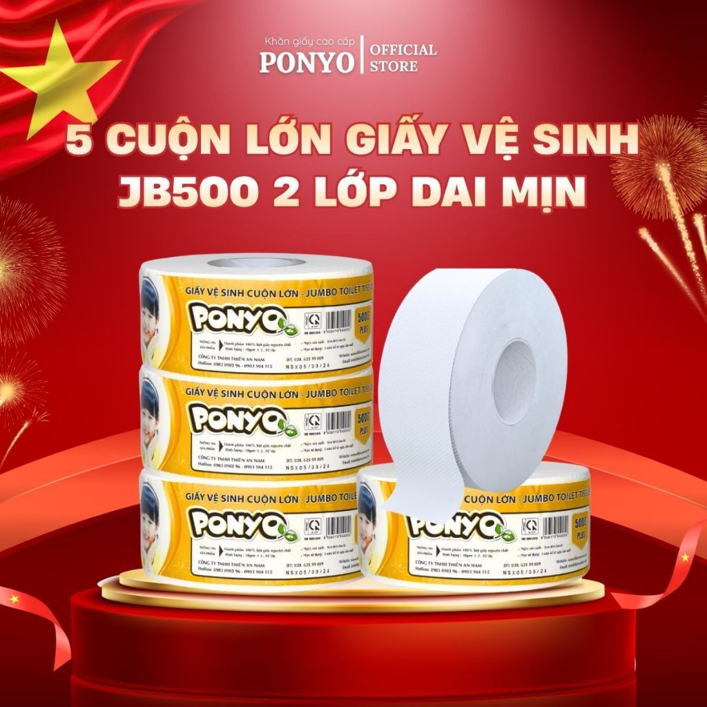 Combo 5 Cuộn Giấy Vệ Sinh Cuộn Lớn Ponyo JB500 2 Lớp Hoạ Tiết Caro 500g