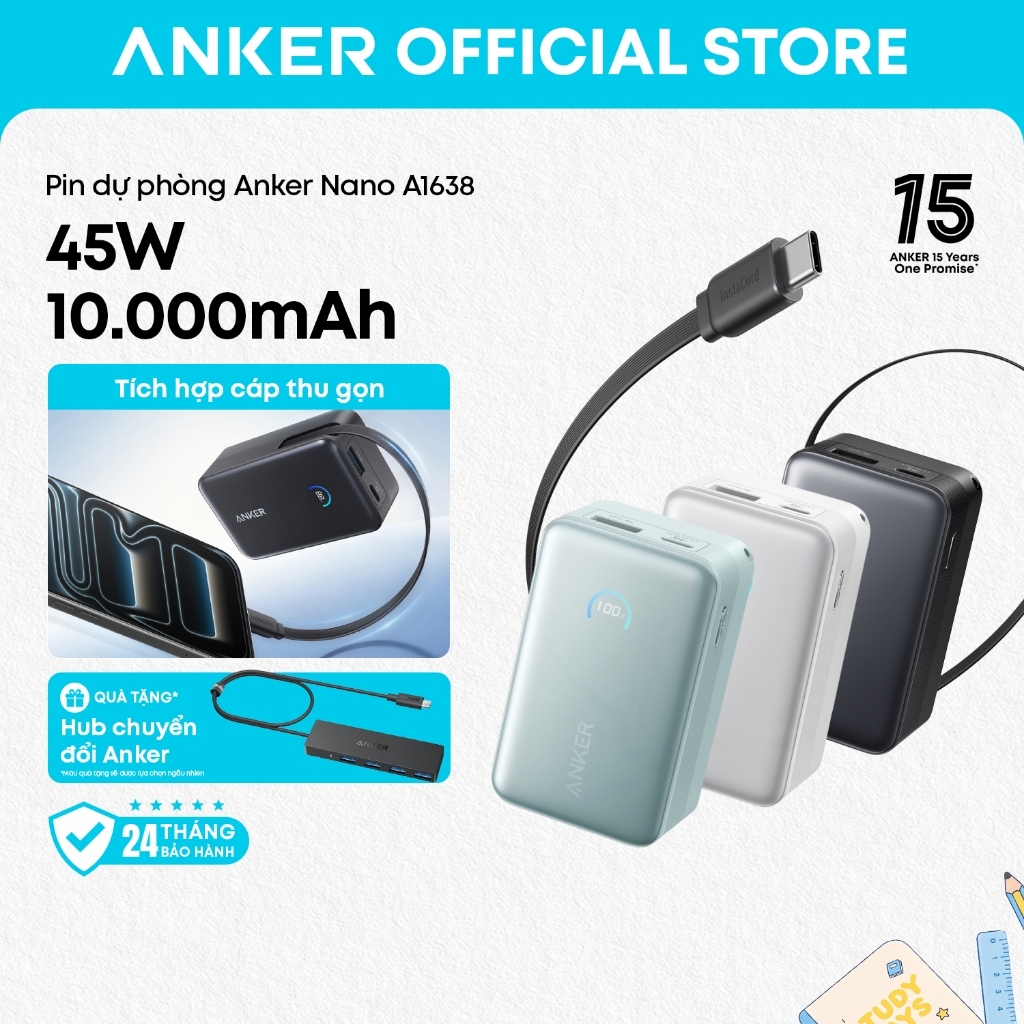 SDP Anker Nano 10.000mAh | Sạc nhanh 45W | 2 cổng 1C1A | Tích hợp cáp USB-C rút gọn | Sạc 3 thiết bị